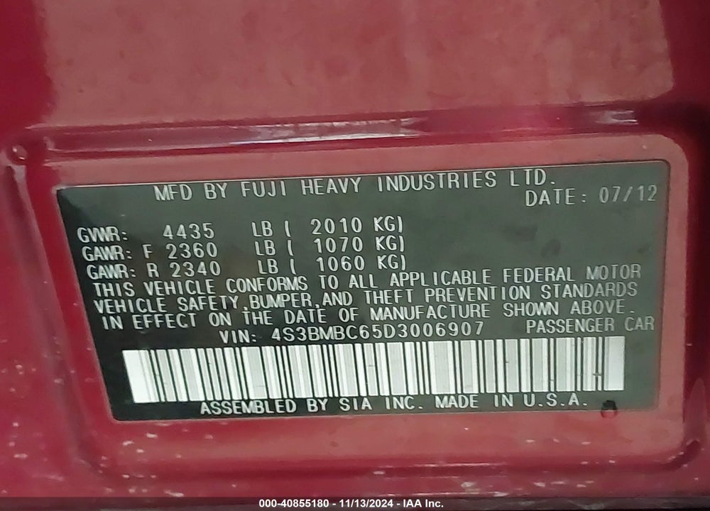 2013 SUBARU LEGACY 2.5I PREMIUM VIN: 4S3BMBC65D3006907