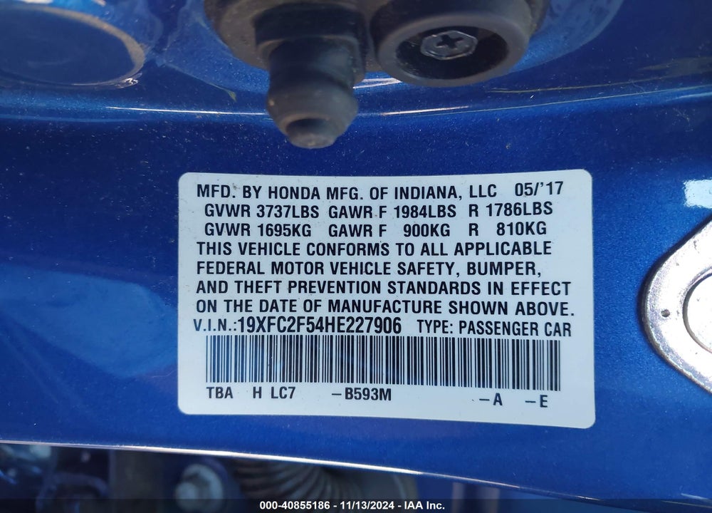 2017 HONDA CIVIC LX VIN: 19XFC2F54HE227906