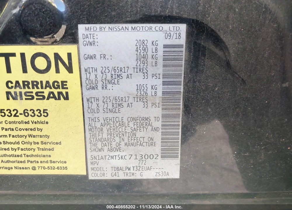2019 NISSAN ROGUE S VIN: 5N1AT2MT5KC713002
