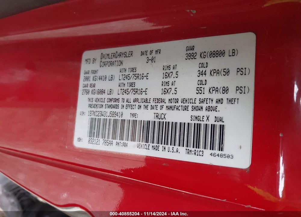 2001 DODGE RAM 2500 ST VIN: 1B7KC23W31J589410