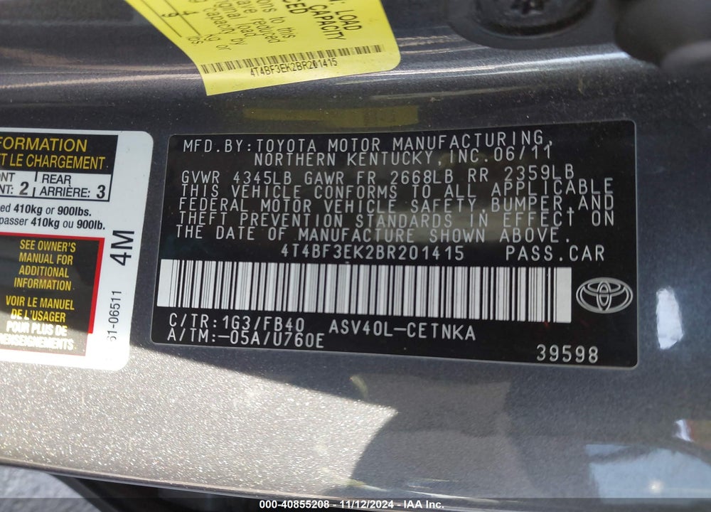 2011 TOYOTA CAMRY LE VIN: 4T4BF3EK2BR201415