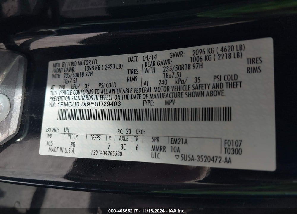 2014 FORD ESCAPE TITANIUM VIN: 1FMCU0JX9EUD29403