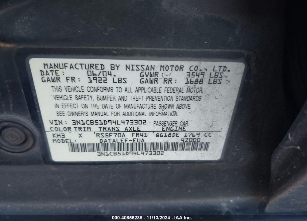 2004 NISSAN SENTRA 1.8S VIN: 3N1CB51D94L473302