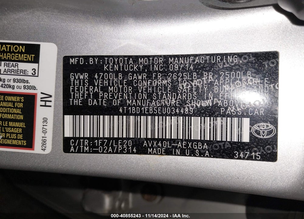 2014 TOYOTA AVALON HYBRID XLE TOURING VIN: 4T1BD1EB5EU034489