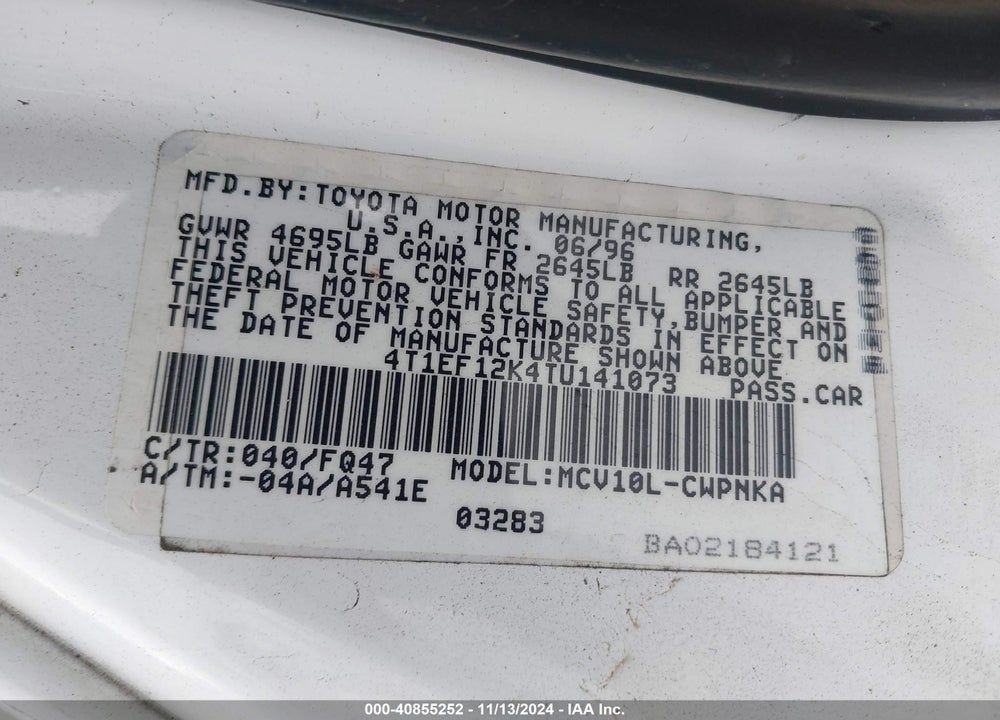 1996 TOYOTA CAMRY LE VIN: 4T1EF12K4TU141073