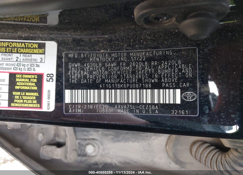 2023 TOYOTA CAMRY VIN: 4T1G11BK6PU087188