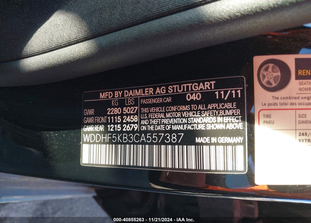 2012 MERCEDES-BENZ E 350 VIN: WDDHF5KB3CA557387