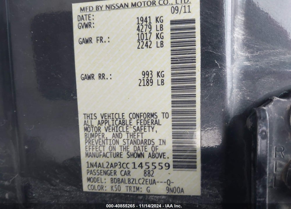 2012 NISSAN ALTIMA 2.5 S VIN: 1N4AL2AP3CC145559