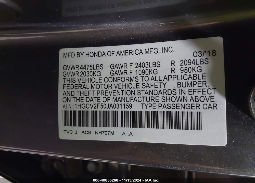 2018 HONDA ACCORD VIN: 1HGCV2F50JA031159