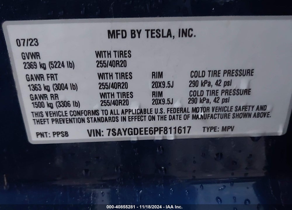 2023 TESLA MODEL Y AWD/LONG RANGE DUAL MOTOR ALL-WHEEL DRIVE VIN: 7SAYGDEE6PF811617