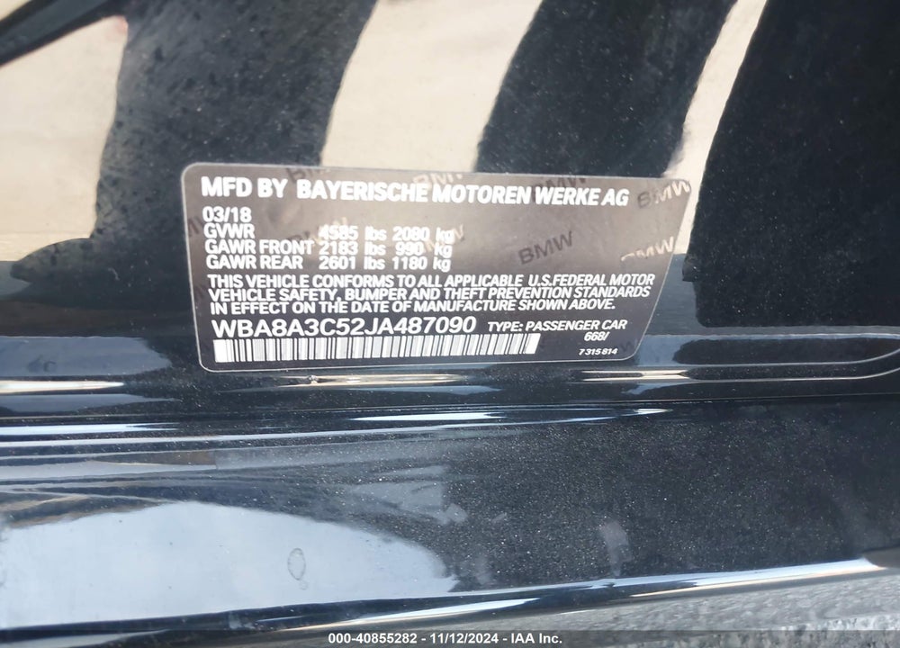 2018 BMW 320I XDRIVE VIN: WBA8A3C52JA487090