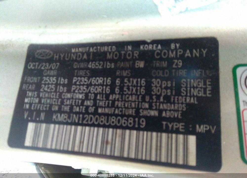 2008 HYUNDAI TUCSON LIMITED V6/SE VIN: KM8JN12D08U806819