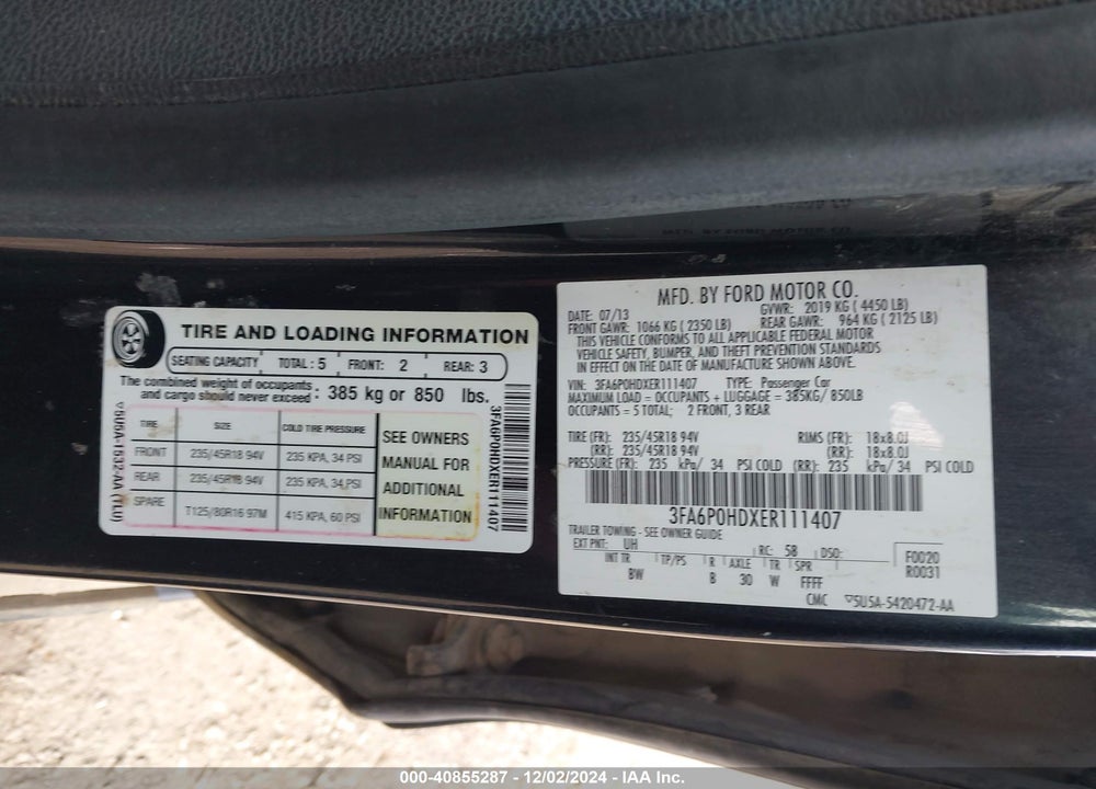 2014 FORD FUSION SE VIN: 3FA6P0HDXER111407