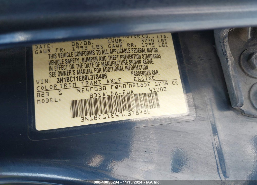 2009 NISSAN VERSA 1.8S VIN: 3N1BC11E69L378486