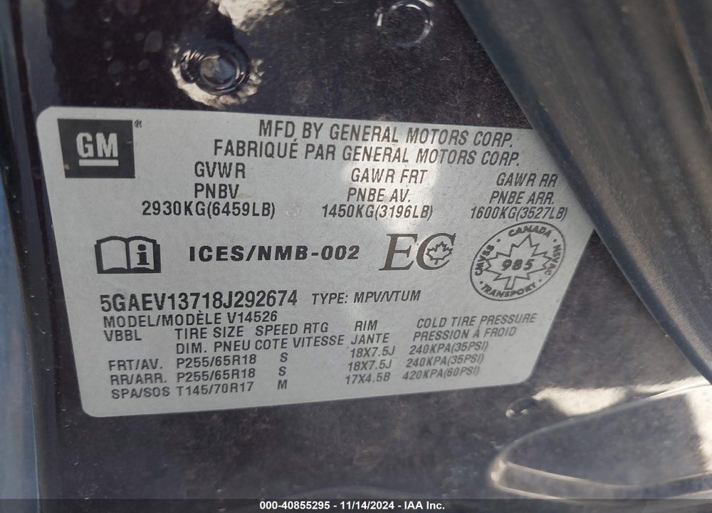 2008 BUICK ENCLAVE VIN: 5GAEV13718J292674