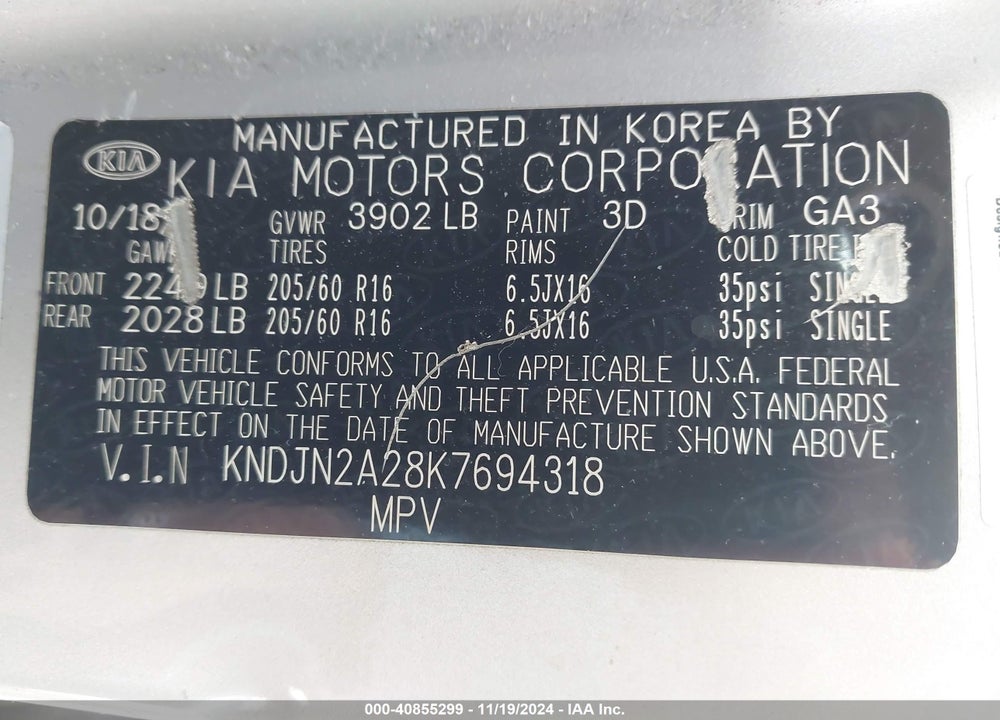 2019 KIA SOUL VIN: KNDJN2A28K7694318