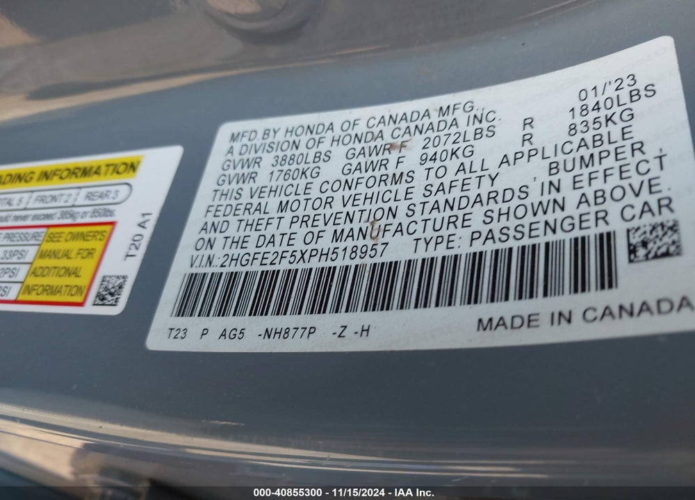 2023 HONDA CIVIC SPORT VIN: 2HGFE2F5XPH518957