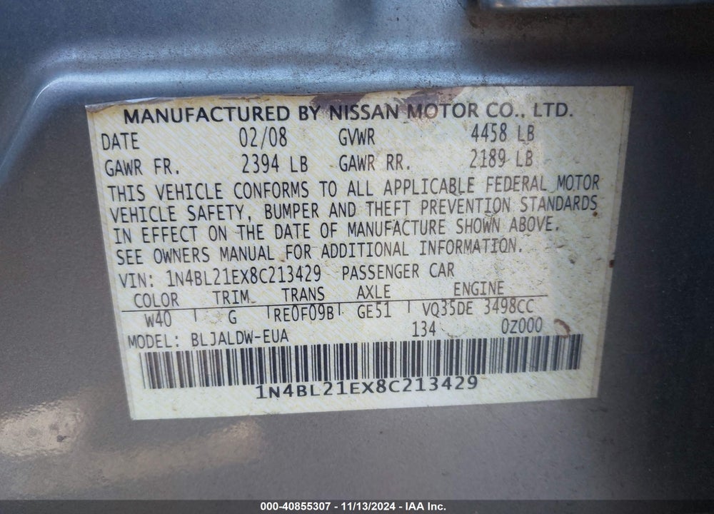 2008 NISSAN ALTIMA 3.5 SE VIN: 1N4BL21EX8C213429
