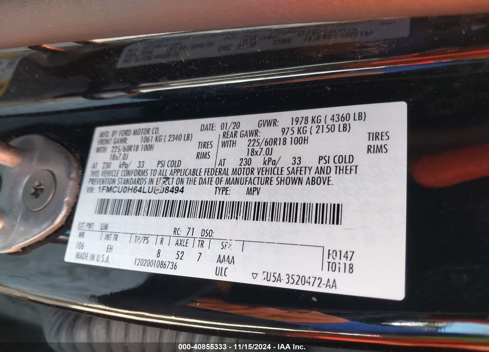 2020 FORD ESCAPE SEL VIN: 1FMCU0H64LUB08494