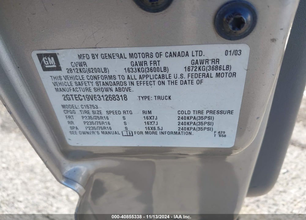 2003 GMC SIERRA 1500 VIN: 2GTEC19V631268318