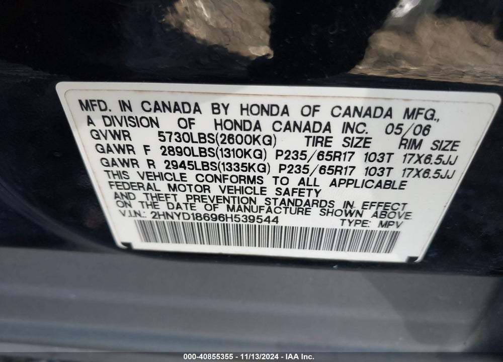 2006 ACURA MDX VIN: 2HNYD18696H539544