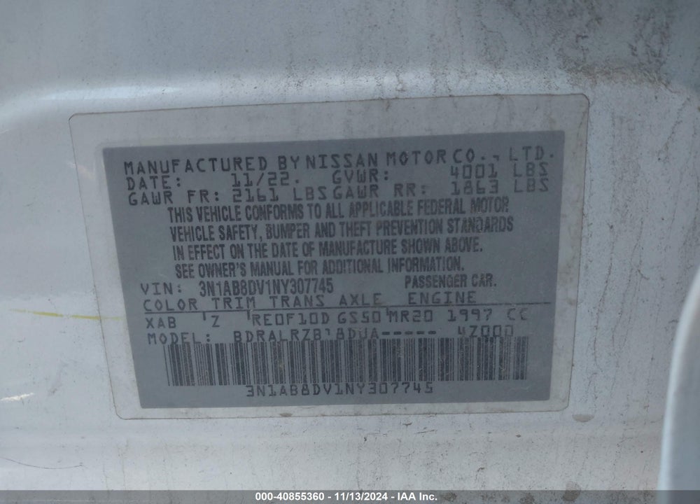 2022 NISSAN SENTRA VIN: 3N1AB8DV1NY307745