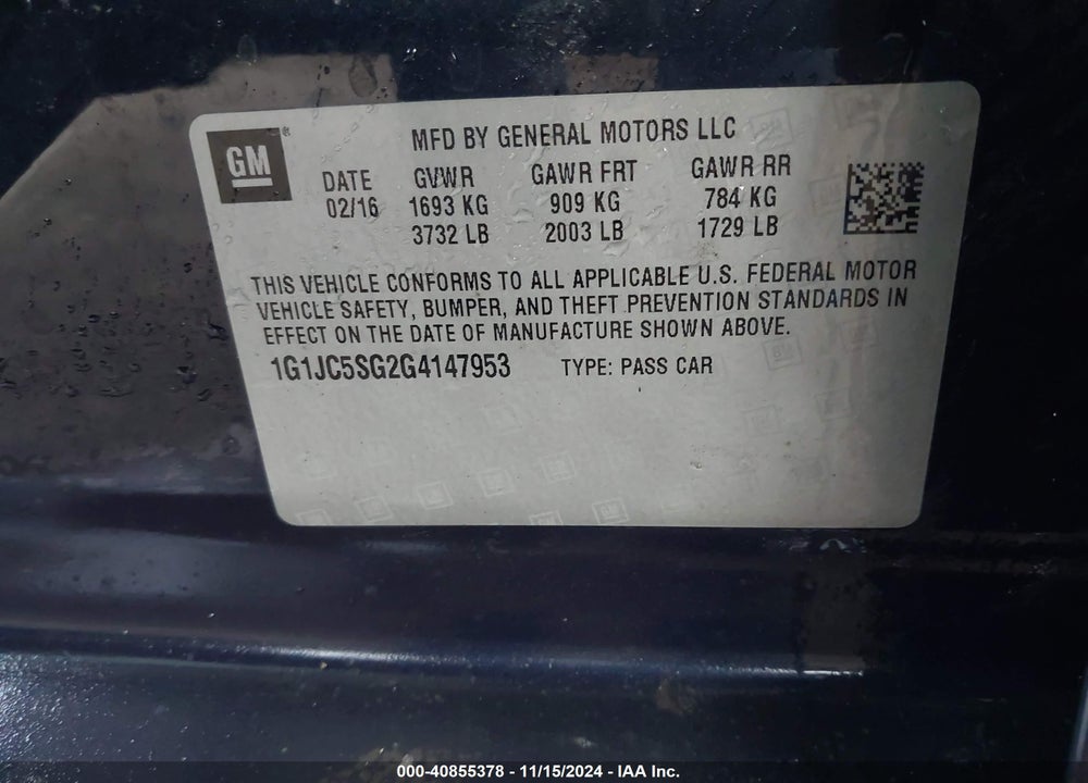 2016 CHEVROLET SONIC LT AUTO VIN: 1G1JC5SG2G4147953