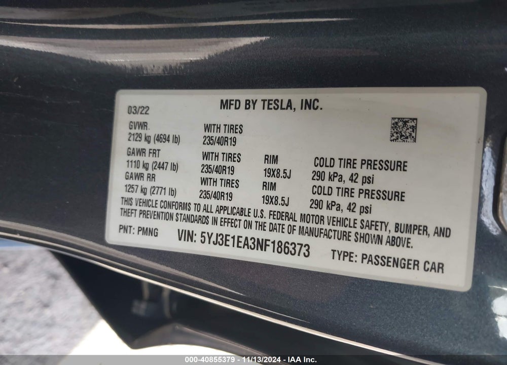 2022 TESLA MODEL 3 VIN: 5YJ3E1EA3NF186373
