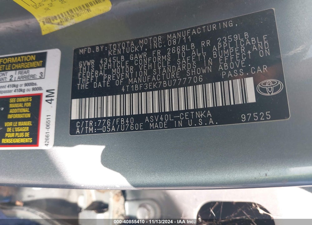 2011 TOYOTA CAMRY SE/LE/XLE VIN: 4T1BF3EK7BU777706