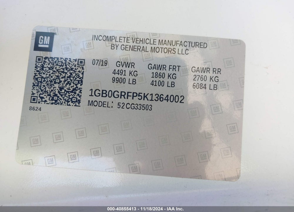 2019 CHEVROLET EXPRESS CUTAWAY WORK VAN VIN: 1GB0GRFP5K1364002