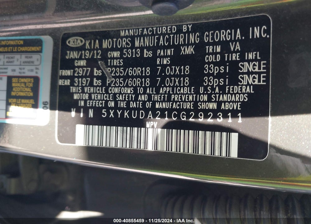 2012 KIA SORENTO EX V6 VIN: 5XYKUDA21CG292311