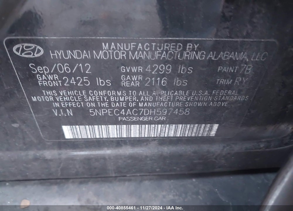 2013 HYUNDAI SONATA LIMITED VIN: 5NPEC4AC7DH597458