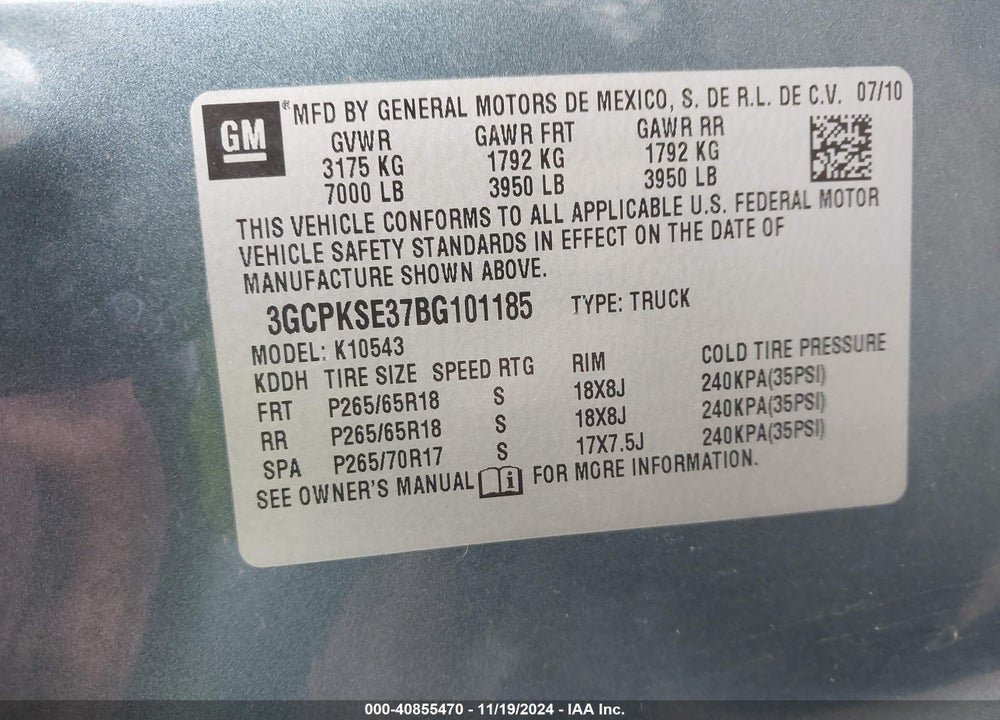 2011 CHEVROLET SILVERADO 1500 LT VIN: 3GCPKSE37BG101185