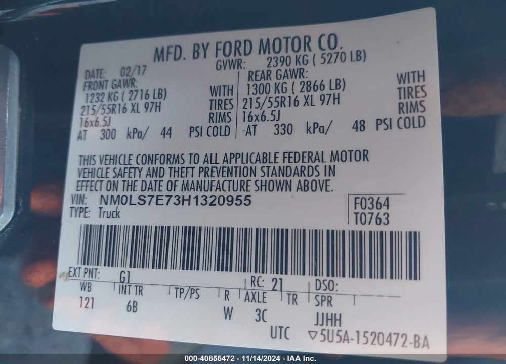 2017 FORD TRANSIT CONNECT XL VIN: NM0LS7E73H1320955