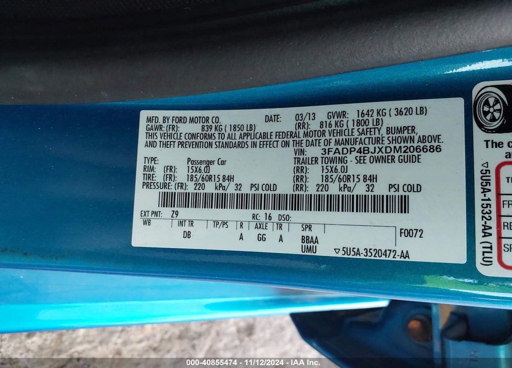 2013 FORD FIESTA SE VIN: 3FADP4BJXDM206686