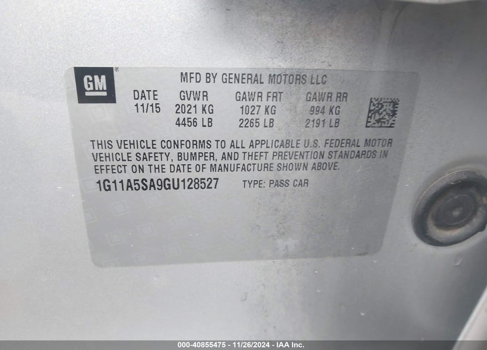 2016 CHEVROLET MALIBU LIMITED 1FL VIN: 1G11A5SA9GU128527