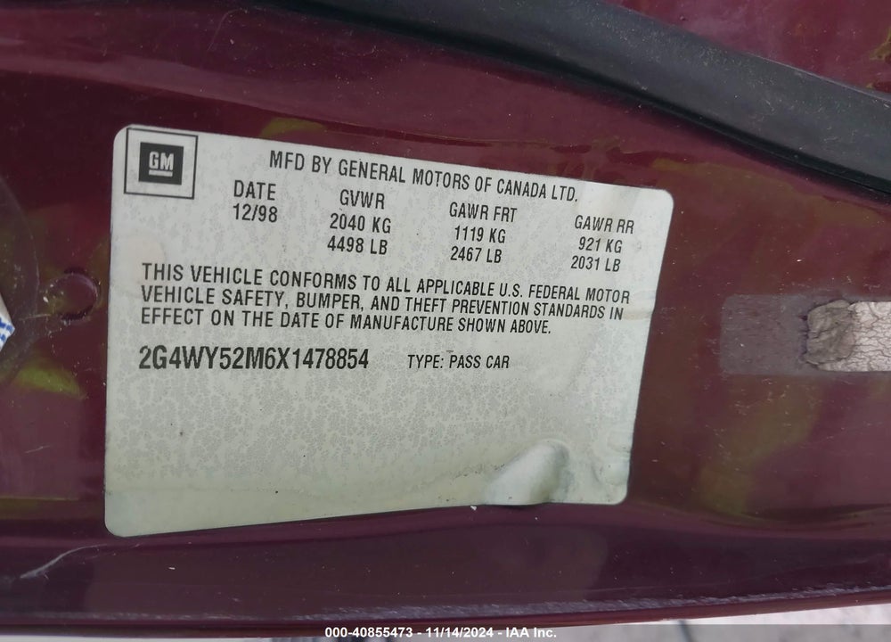 1999 BUICK CENTURY LIMITED VIN: 2G4WY52M6X1478854