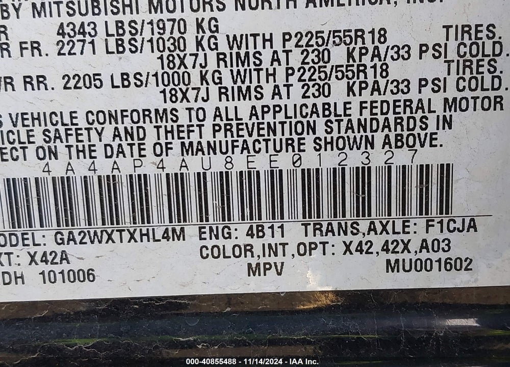 2014 MITSUBISHI OUTLANDER SPORT SE VIN: 4A4AP4AU8EE012327
