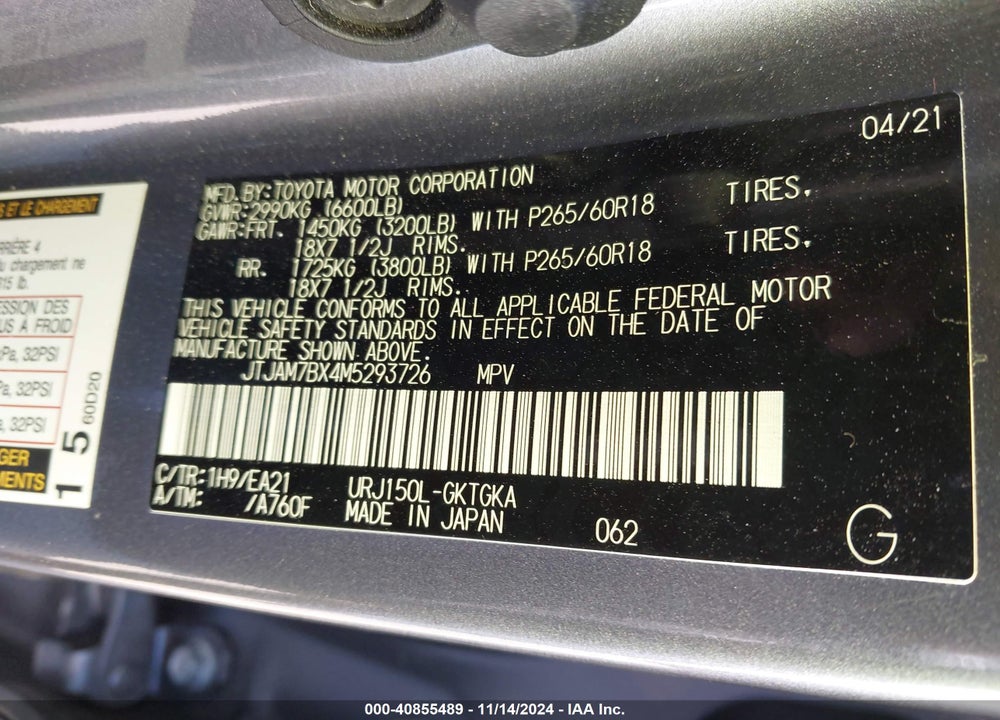 2021 LEXUS 460 PREMIUM VIN: JTJAM7BX4M5293726