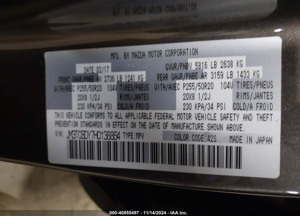 2017 MAZDA CX-9 GRAND TOURING VIN: JM3TCBDY7H0138864