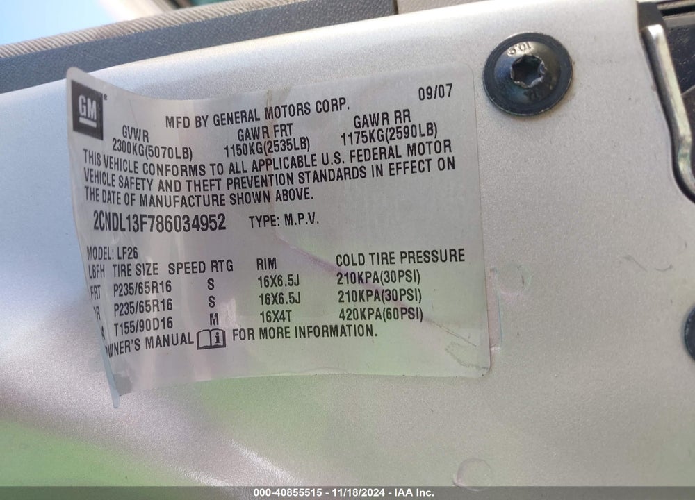 2008 CHEVROLET EQUINOX LS VIN: 2CNDL13F786034952