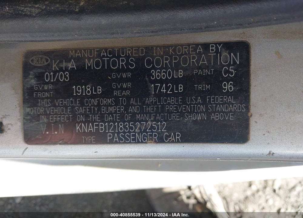 2003 KIA SPECTRA LS VIN: KNAFB121835272512