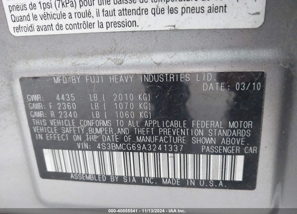 2010 SUBARU LEGACY 2.5I PREMIUM VIN: 4S3BMCG69A3241337