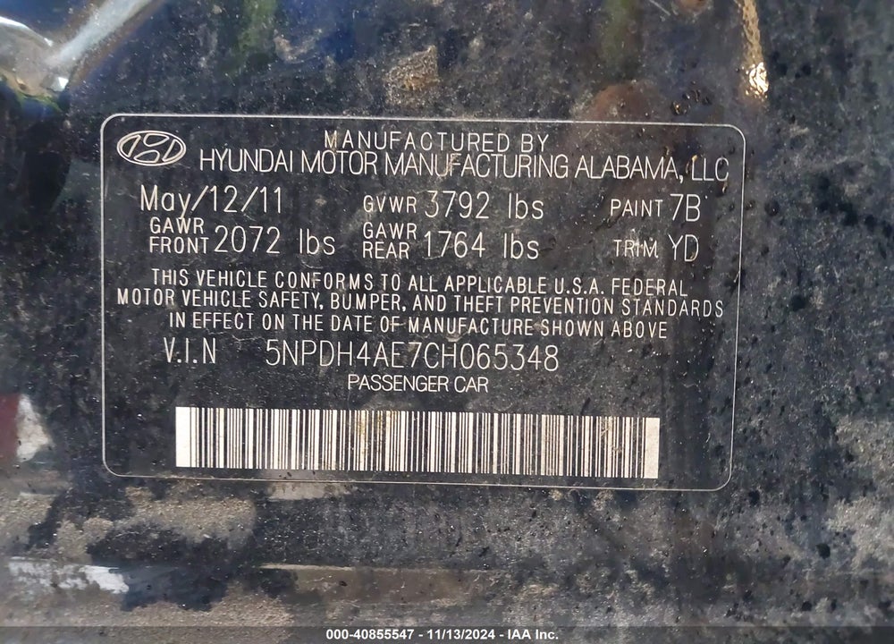 2012 HYUNDAI ELANTRA GLS VIN: 5NPDH4AE7CH065348