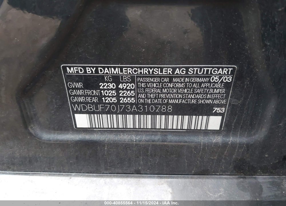 2003 MERCEDES-BENZ E 500 VIN: WDBUF70J73A310788