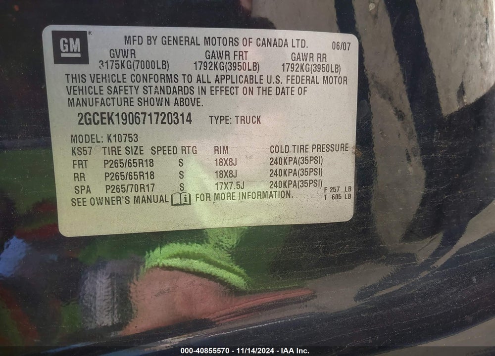 2007 CHEVROLET SILVERADO 1500 LT1 VIN: 2GCEK190671720314