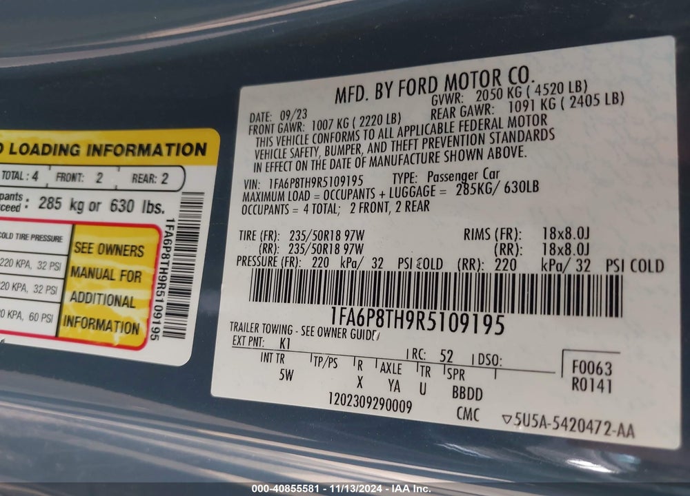 2024 FORD MUSTANG VIN: 1FA6P8TH9R5109195