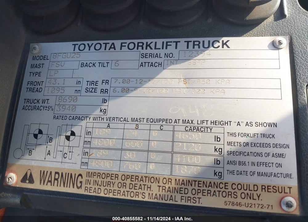 2000 TOYOTA 8FGU25 VIN: 00000000000012394