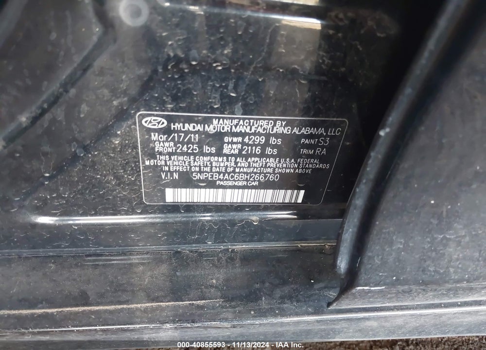 2011 HYUNDAI SONATA VIN: 5NPEB4AC6BH266760