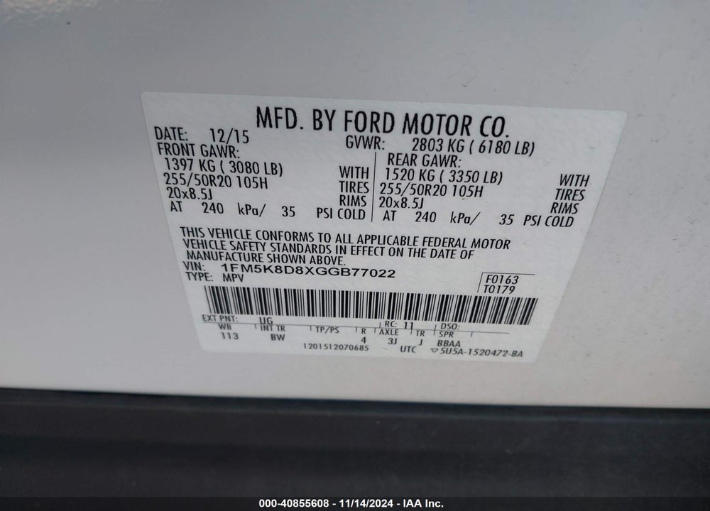 2016 EXPLORER FORD  XLT VIN: 1FM5K8D8XGGB77022